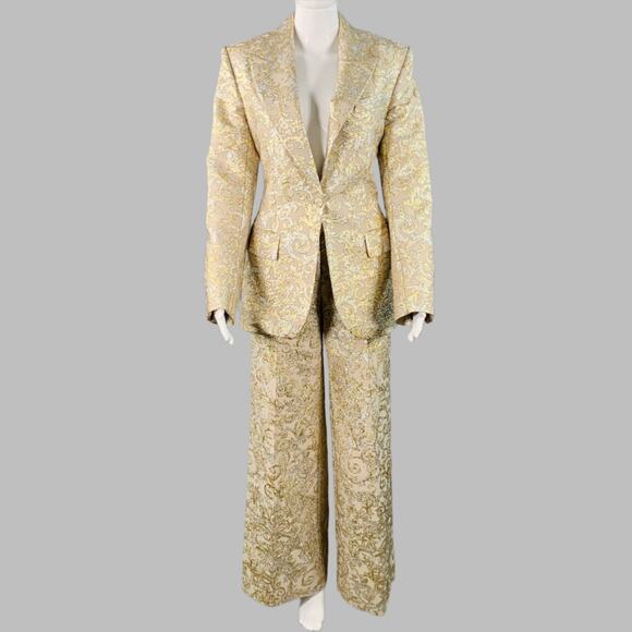 2 Metallic Gold Silver Polyamide Blend Jacquard Peak Lapel Pantsuit - Picture 3 of 16